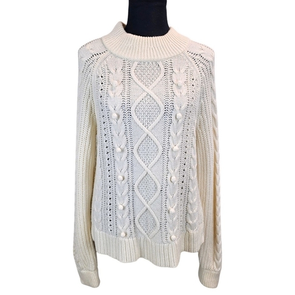 J. Crew Lambswool Blend Pom Pom Cable Knit Sweater Ivory Size Medium Capsule - Picture 2 of 13